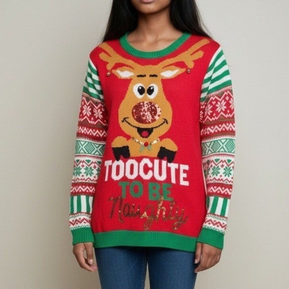 Holiday Time Kids Reindeer Ugly Christmas Sweater‎ Red Too Cute To Be Naughty